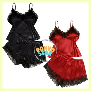 Satu Set Piyama Lingerie Satin Gloss Atasan Tanpa Cup Bawahan Celana Wanita Fit M-XL Sexy Cantik Brokat Lace Perempuan Remaja Dewasa Silky Smooth Silk 102
