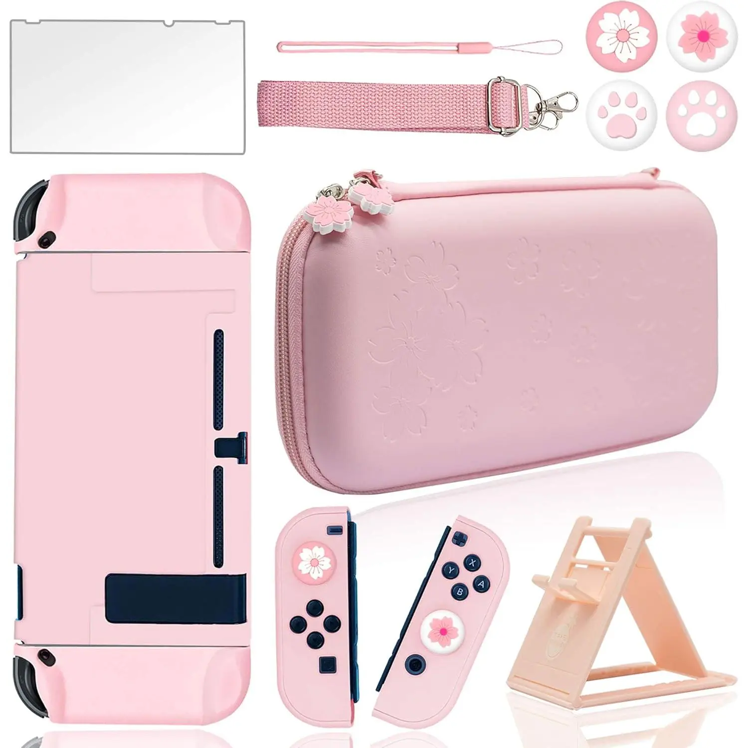 Pink Carrying Case Accessories Kit for Switch with Protective Shell, Glass Screen Protector and Thumb Grip Caps ,10 in 1 Switch Case Travel Bundle