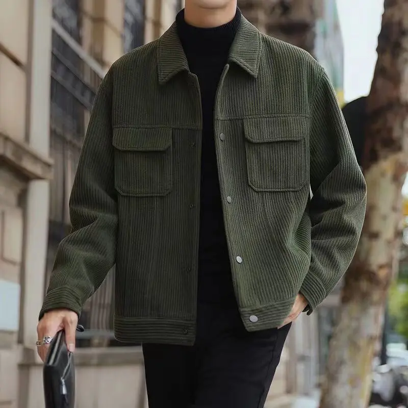 Áo Khoác Vải Nhung Kẻ Phong Cách Hàn Quốc Cho Nam, Dáng Ôm, Thường Ngày, Retro Menswear Jacket