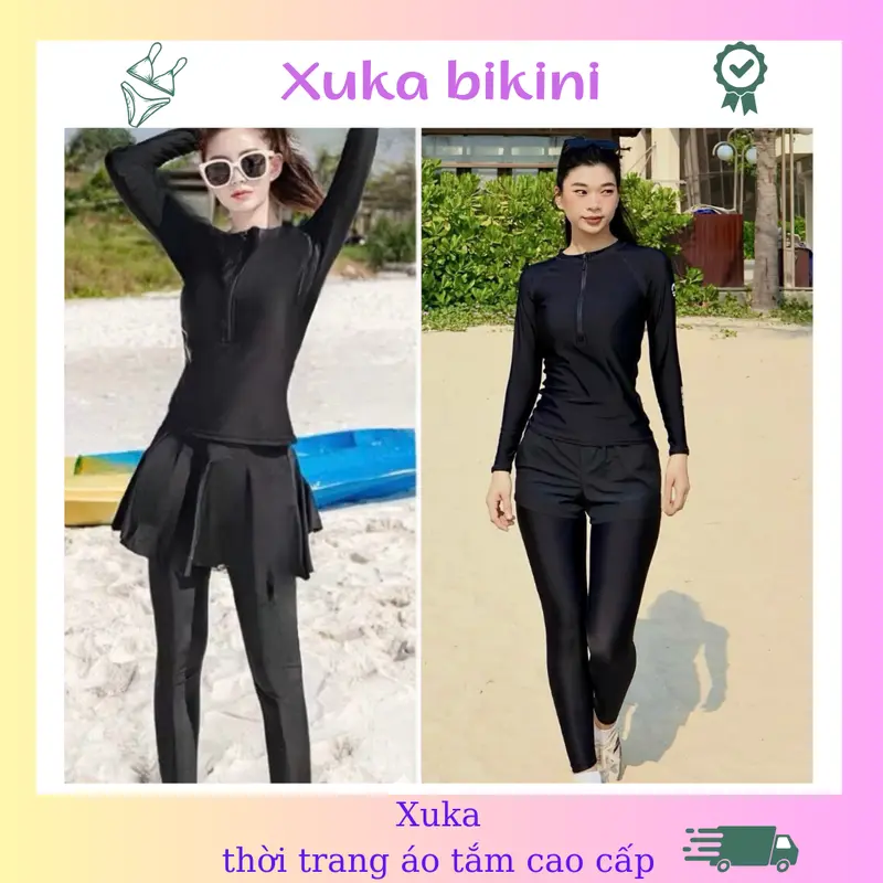 Đồ bơi nữ kín đáo, đồ bơi 2 mảnh tay dài quần dài che nắng kiểu dáng thể thao năng dộng Xuka 0