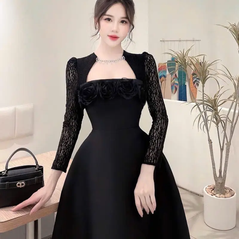 Váy tapta tay ren dài cổ đá cuộn hoa 4