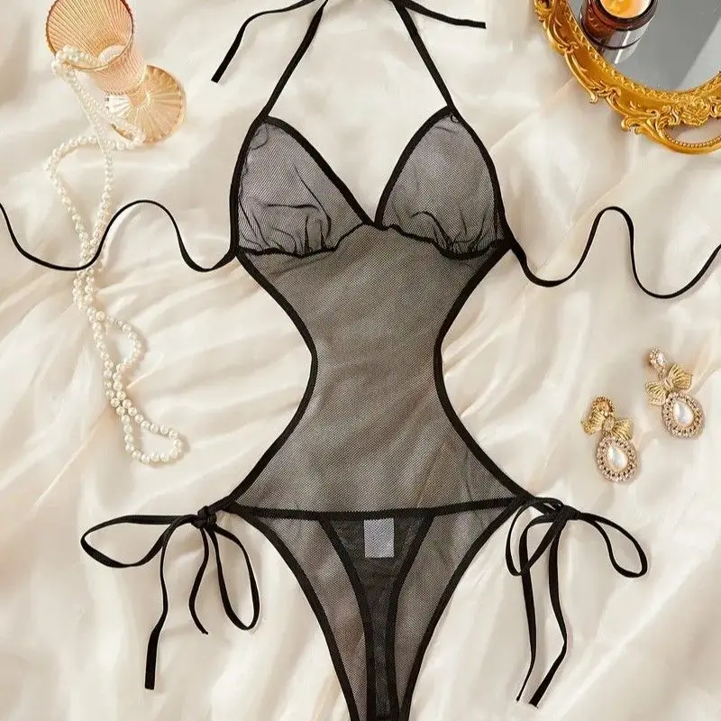 New European and American Lace Sexy Lingerie T-Panties Tie Strap Patchwork See-Through Temptation Sexy Bra Set French Bra