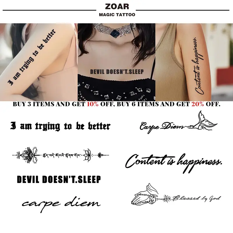 （OUT） ZOAR-BY08 Stiker Tato Temporary Semi Permanen 【Kombinasi kalimat bahasa inggris】Tahan lama Tattoo menempel dekorasi seni untuk pria dan wanita 0