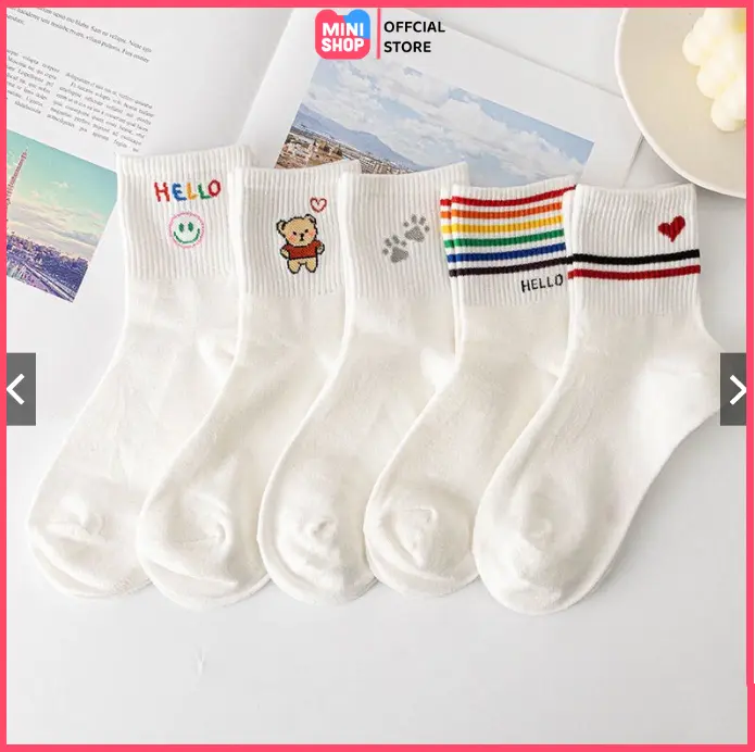 Tất cổ cao nữ họa tiết dễ thương, tất vớ nữ chất liệu vải cotton dày dặn