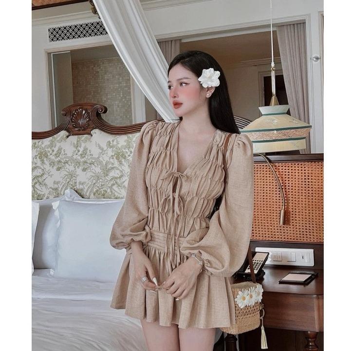 BIGSIZE HIẾU HIẾU (55-95KG) - Đầm nữ cổ v thiết kế nhún cột nơ tay dài