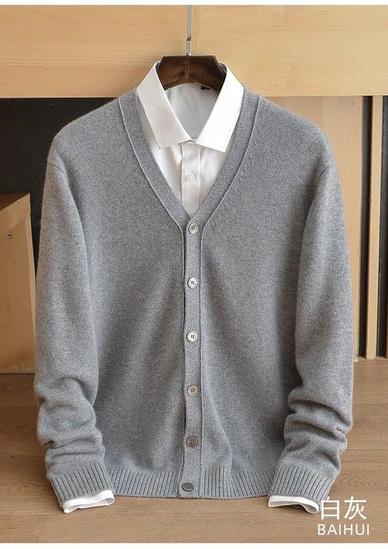 Product Introduction of Spring and Autumn New Wool Knit Cardigan Male V-neck Solid Color Thin Sweater Youth Loose Cashmere Sweater plus Size Coat 5