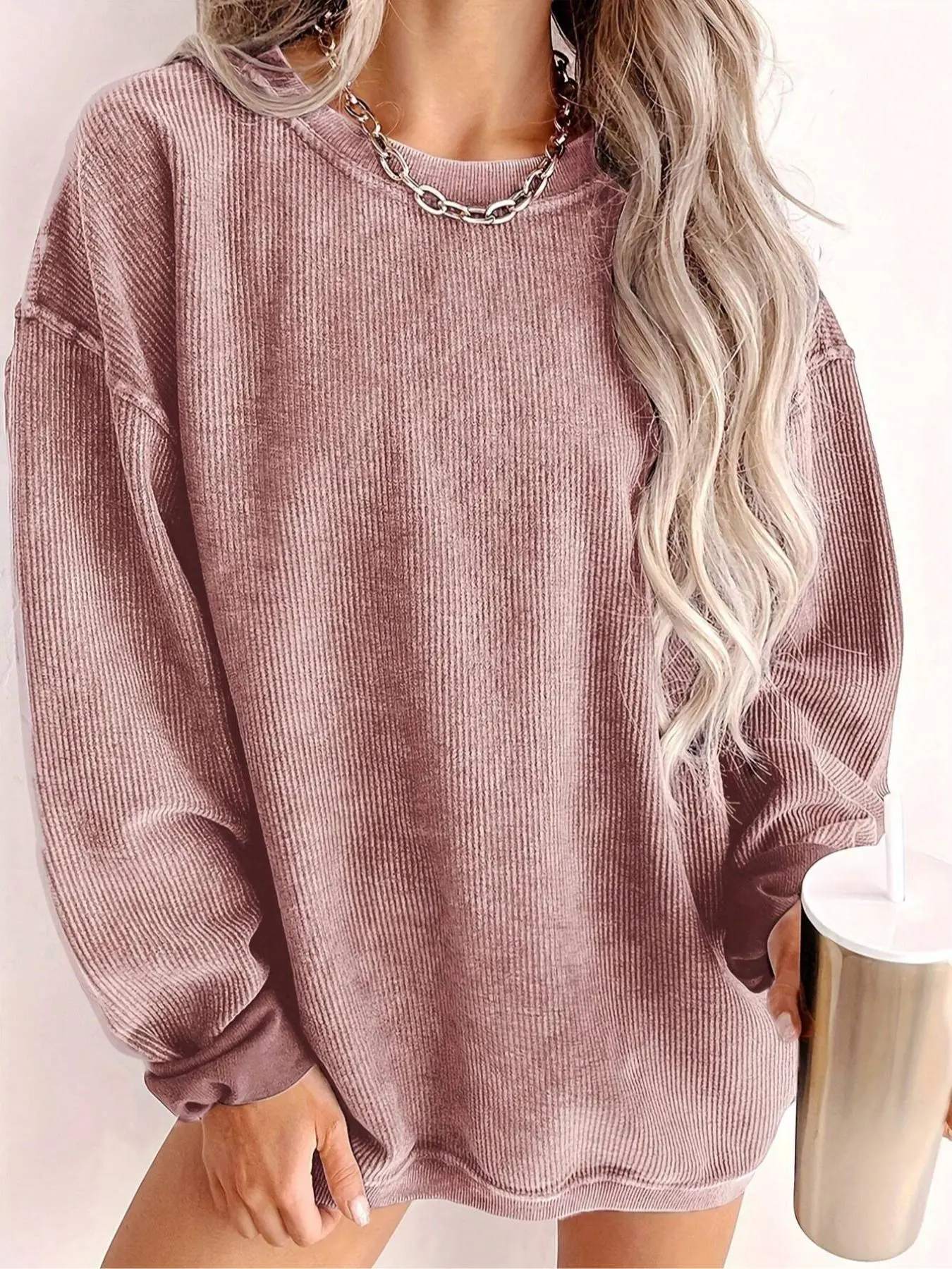 【Plus Size】 Women's Solid Color Drop Shoulder Pullover Sweatshirt, Trendy Casual Long Sleeve Round Neck Sweatshirt for Fall & Winter, Women's Clothing for Daily Wear