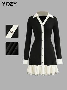 YOZY Women's Colorblock Ruffle Hem Button Front Dress, Casual Long Sleeve Collared Dress for Daily Wear, Ladies Clothes for Spring & Fall