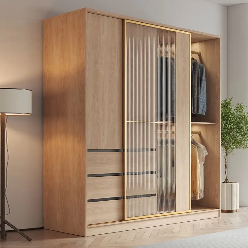 Nordic Light Luxury Sliding Glass Door Wardrobe Storage Cabinet Bedroom Simple Bedroom Log Closet Cabinet Small House