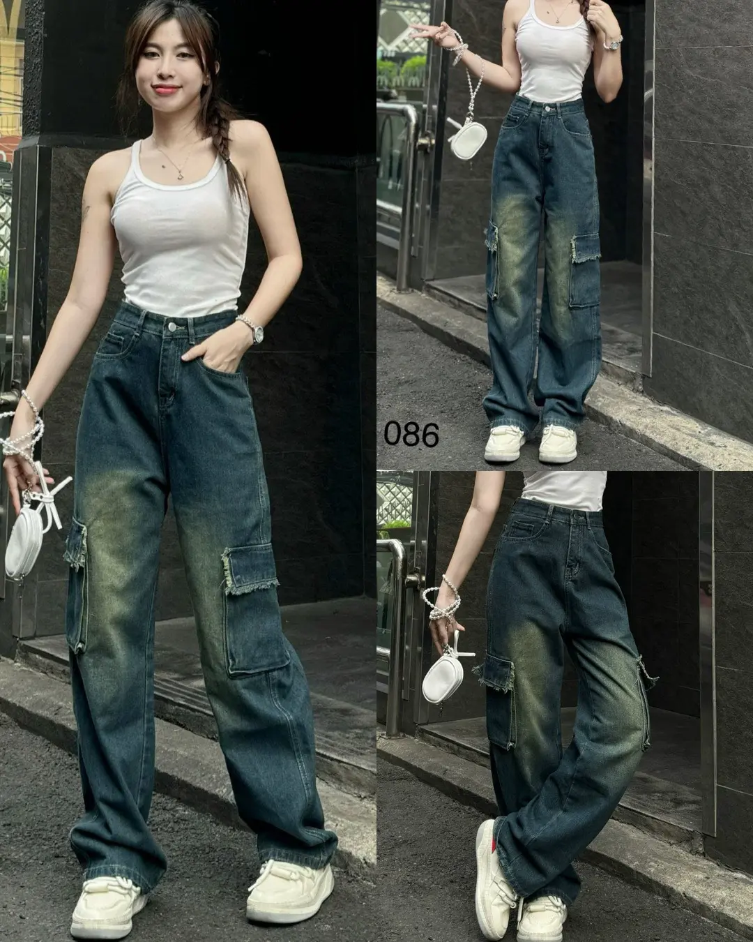QUẦN JEANS NỮ  TÚI HỘP PHỐI TÚI TO HAI BÊN HÔNG BỤI BẶM CÁ TÍNH-QUẦN BÒ LƯNG CAO ,ỐNG RỘNG CHẤT QC DÀY ĐẸP FORM TÔN DÁNG Kem Women