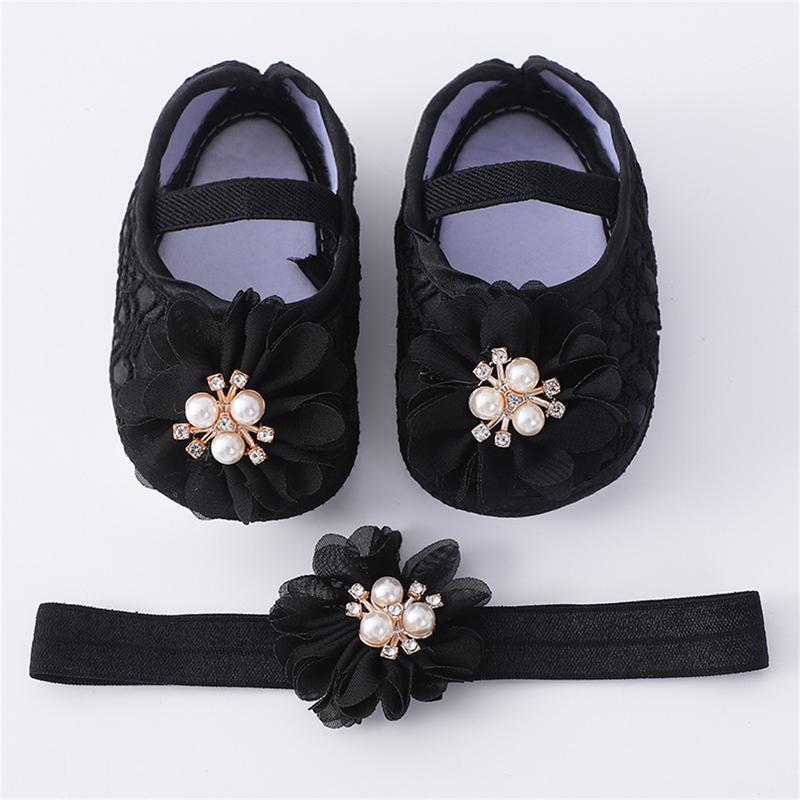 Product Introduction of Baby Girls Flats and Headband Soft Sole Non-slip Pearl Flower Princess Wedding Dress Walking Shoes for Newborn 37