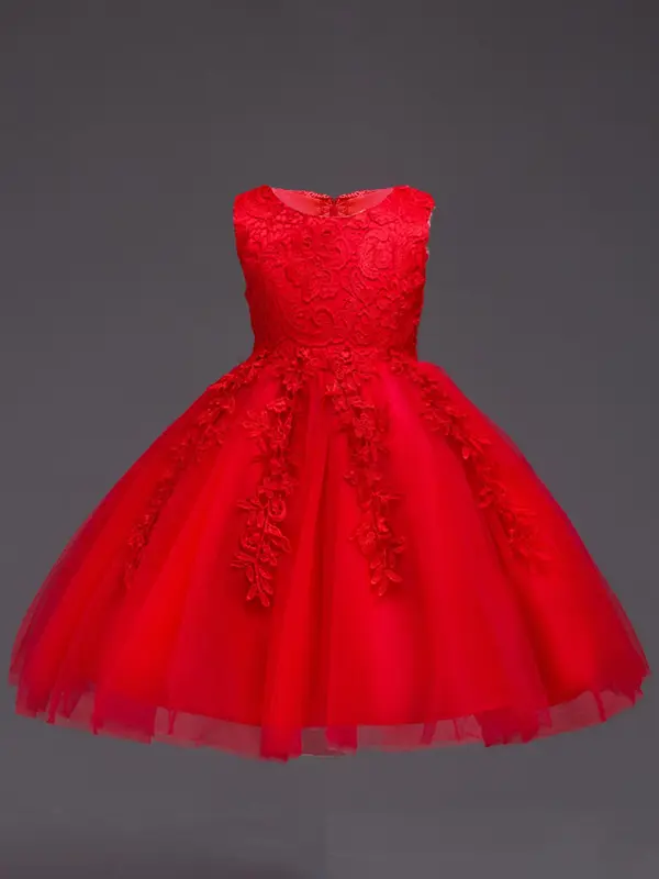 Girl's Contrast Lace Appliques Big Bow Decor Tulle Dress, Elegant Sleeveless Round Neck Midi Dress for Party Performance Wedding Guest, Kids Clothes for All Seasons 2