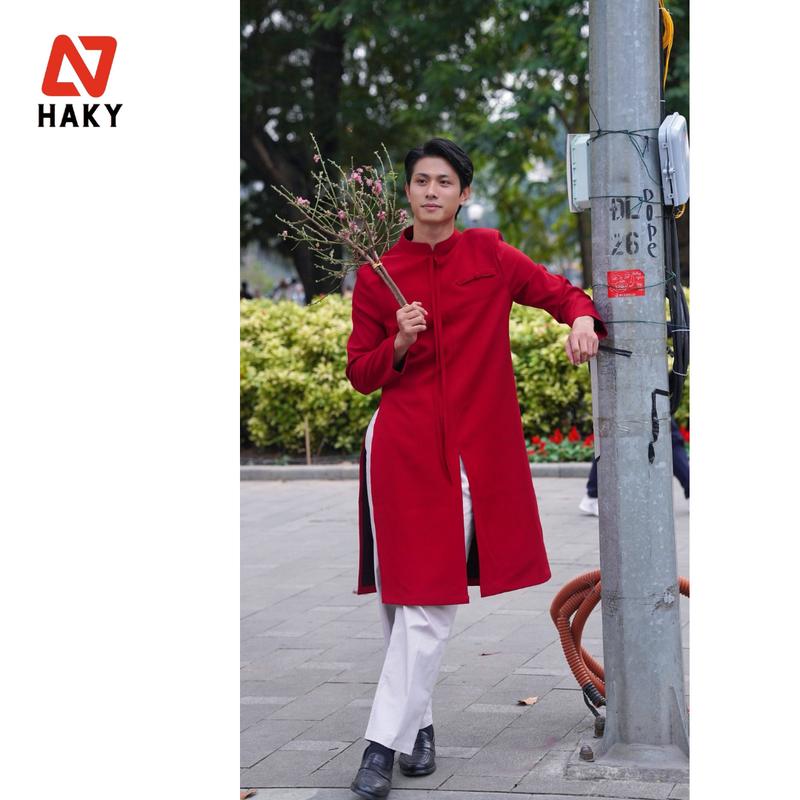 AD01 Áo Dài Cách Tân Nam Form Vest Truyền Thống 2 Màu Đỏ Nhung và Be Trơn HAKY