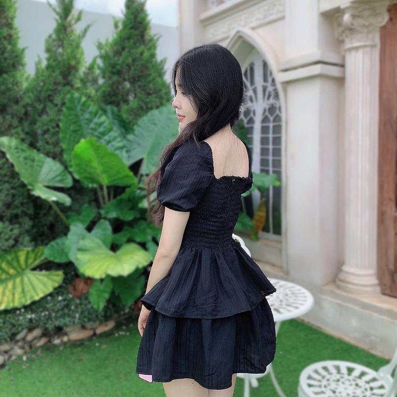 Váy  Dự Tiệc Có Mút Cổ Vuông Trễ Vai Tay Ngắn Vải Xốp Nhật Bigsize 50-100kg Nữ Dress Voan Đầm Women Đen - B.1304 7