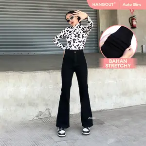 JINISO HANGOUT - 521 Cutbray Stretch Highwaist Celana Jeans Wanita Warna Black
