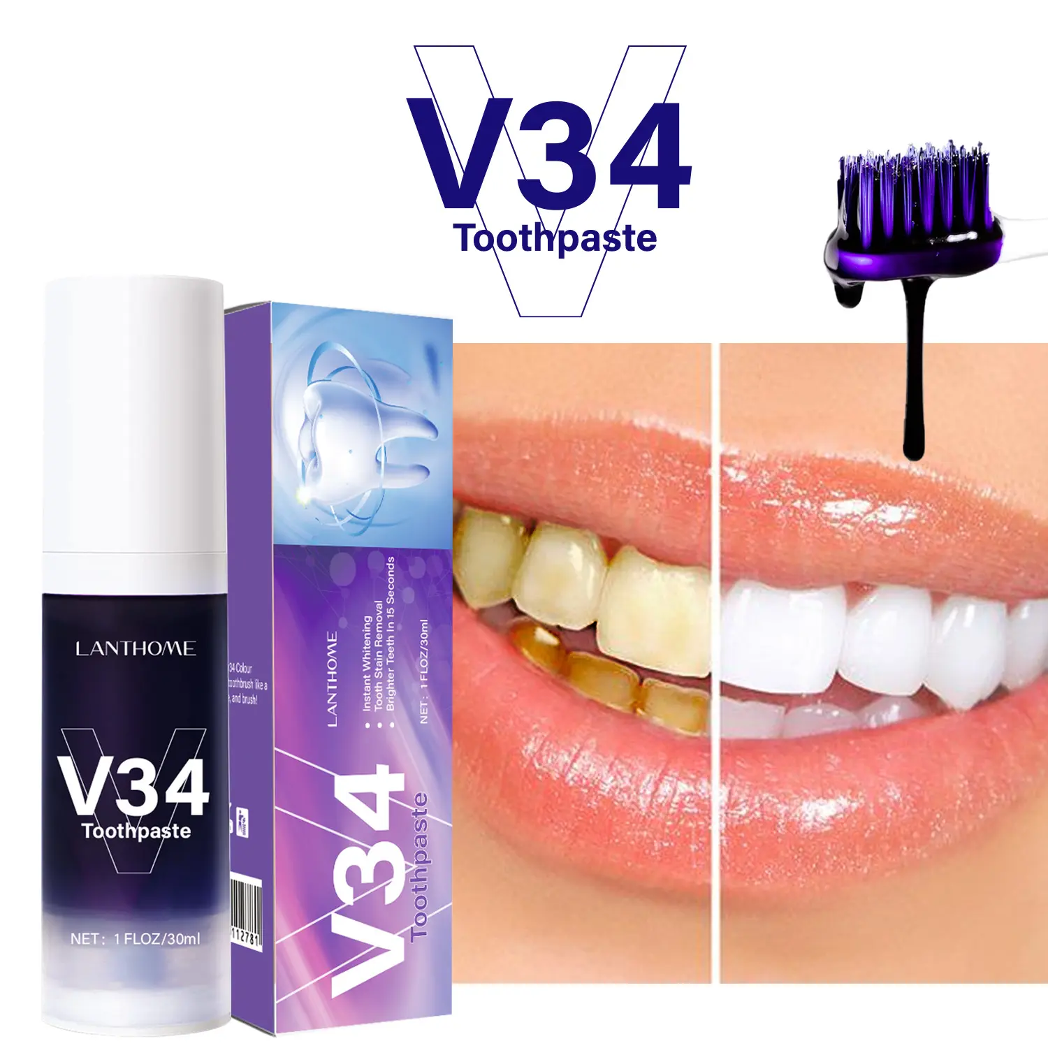 New V34 Toothpaste Purple Toothpaste Teeth Color Correction Smoke Removing Teeth Removing Smoke Spot Teeth Bright White Toothpaste Oral
