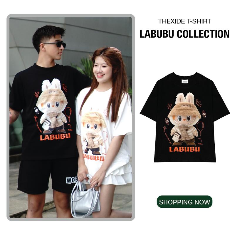 Áo thun nam The Xide áo phông nam nữ in hình Labubu quấn khăn form rộng chất cotton 2 chiều định lượng 250gr co giãn Cổ Tròn Menswear đỏ-yellowsun927 únisex