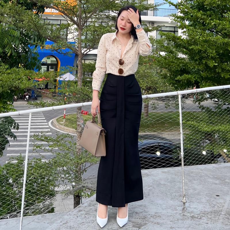 Chân váy cà vạt, xếp ly dáng dài che eo, chất linen gân, V08, Suongg Nữ Women