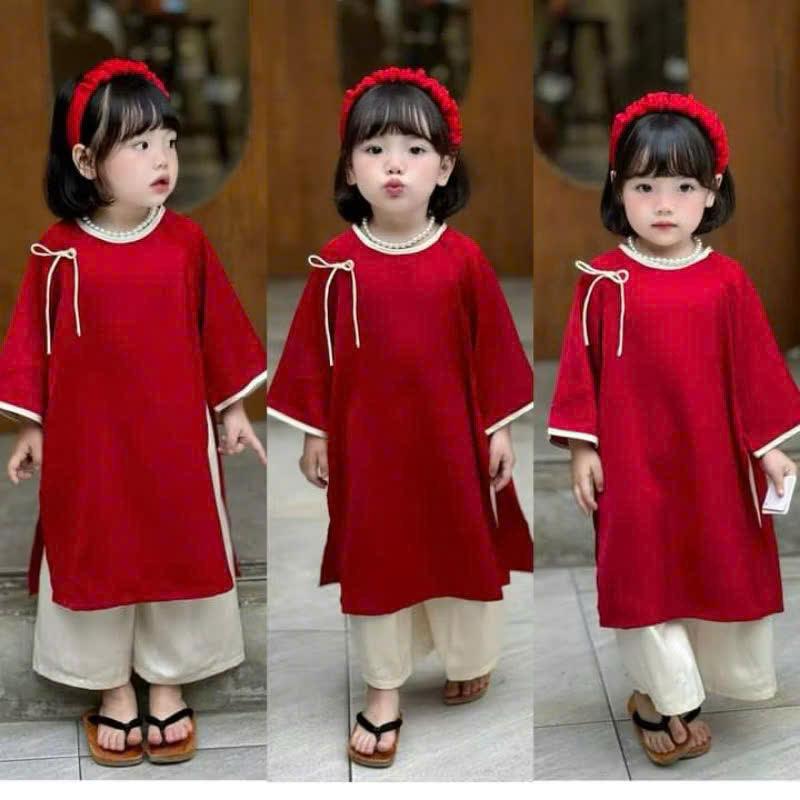  6-25kg  Sét bộ áo dài Đỏ cách tân đính nơ chất liệu lụa cao cấp KO KÈM BỜM cho bé gái 