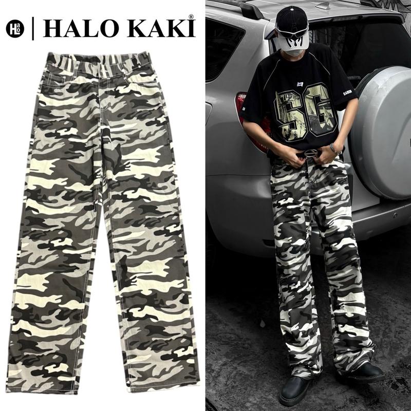 JEANS QUÂN ĐỘI CAMO - Quần jeans ống rộng hoạ tiết camo rằn ri nguỵ trang phong cách lích mỹ quân đội lính đặc chủng form phủ gót chùm giày Nam Denim Menswear Kem