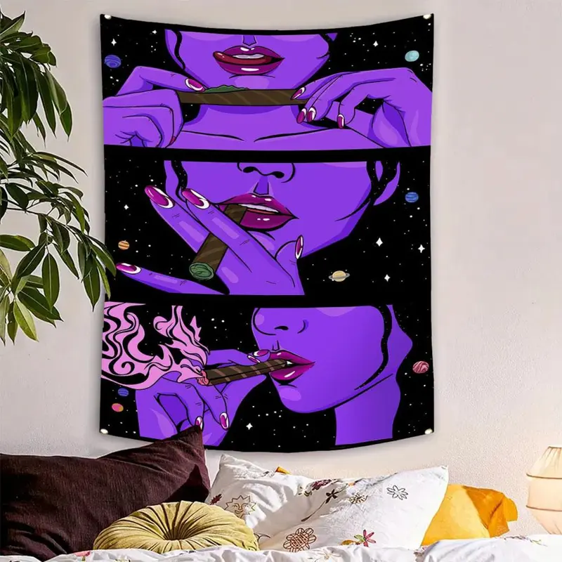 Smoking Girl Tapestry, 1 Count Trippy Hanging Tapestry, Wall Hanging Decor for Home Bedroom Living Room, Home Decor Set 4