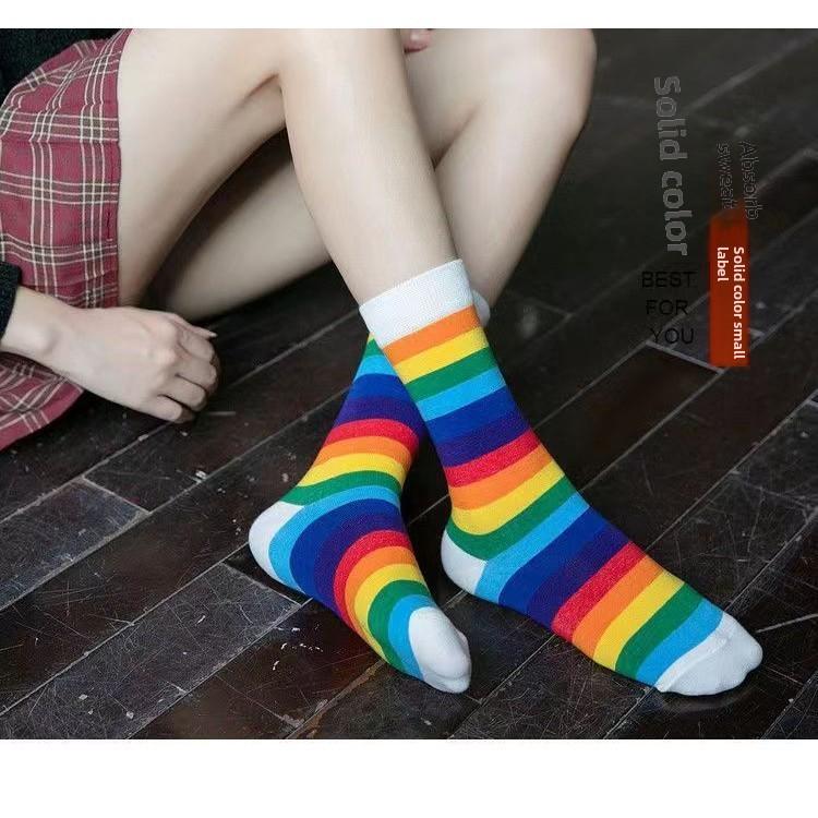 Tất Dài Giữa Bắp Chân, Phong Cách Hàn Quốc, Thiết Kế Sọc Chặn Màu Cầu Vồng, Chất Liệu Bông, Dành Cho Nữ, Phong Cách Đường Phố 5