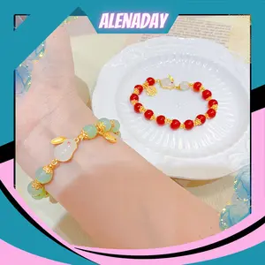 ALENADAY - Gelang Keberuntungan Giok Kelinci Manik Manik Kristal Mutiara Cantik GLG11