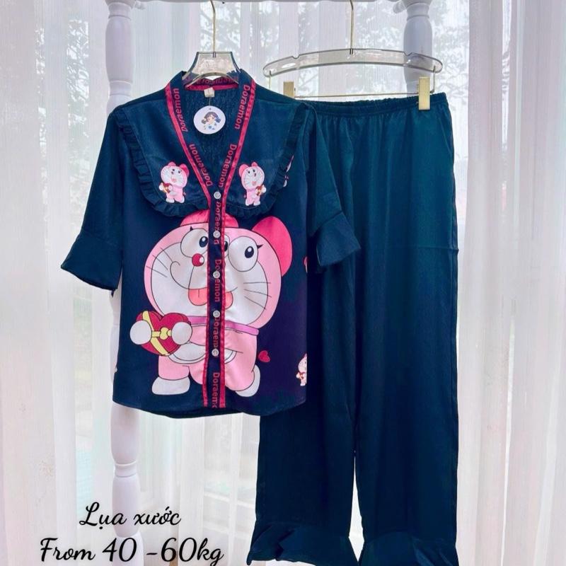 Size 40-60kg - Bộ Lụa Xước Ánh Kim Tay Ngắn Quần Dài Cao Cấp Cổ Tim Viền Bèo In Họa Tiết 5D Queen Mềm Mát Mặc Nhà Cao Cấp TNQD Women Nữ Quần Ngủ Sen Voi Pijama Kem Voan 4