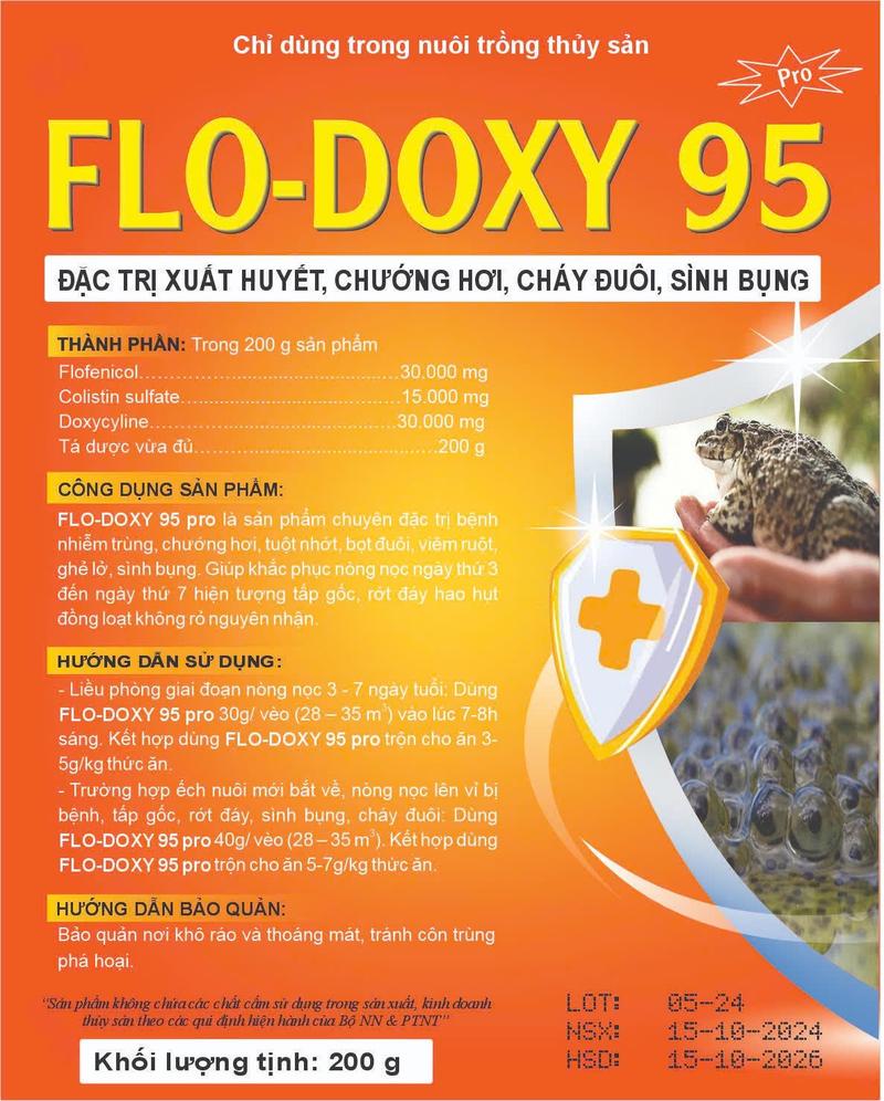Product Introduction of FLO-DOXY 95 PRO dạng bột gói 200gram ngăn ngừa cháy đuôi, sình bụng trên nòng nọc. Câu Cá sweep  trị 11