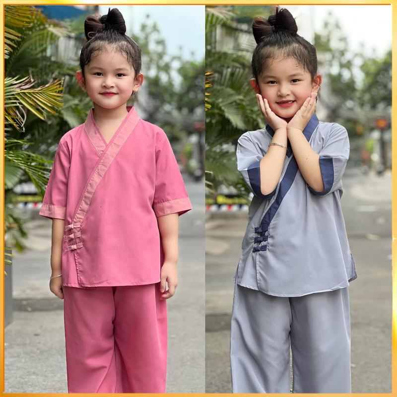 Đồ Lam Đi Chùa Bé Gái N.A STORE BÉ-AL033 Top Bé Pháp Phục Truyền Thống Chéo Kiểu Nhật 3 Nút Vải KATE Phối Viền Đính Nút Áo Tay Lửng Cho Bé Sandal Sandal Dép Sandal Tee