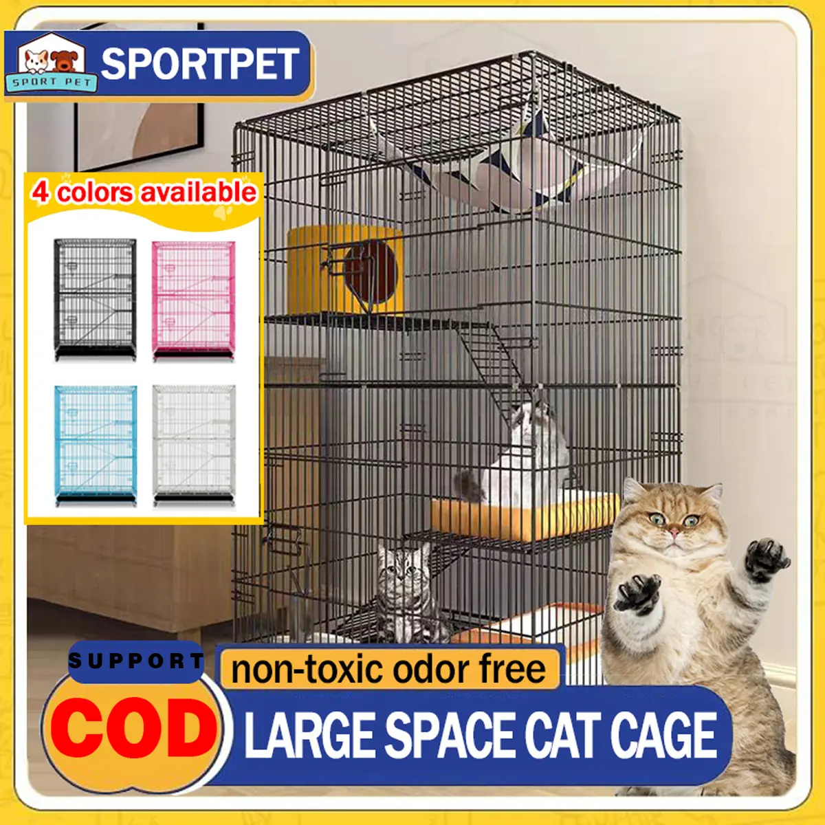SPORTPET Cat Cage 4 Layer Stackable Cat Apartment with Wheels Pet Dog House Fence AsoAlagang Hayop Kulungan Foldable Sturdy Pet Furniture Cat Cages With Litter Box Metal Bakod Ng Cat House Cat Villa/kulungan ng alagang hayop Kulungan Pusa Four Wheeled