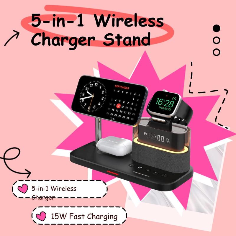 Product Introduction of 5-in-1 Wireless Charger for Smartphone, Wireless Multifunctional Charger with Clock, Magnetic Electronic Digital Wireless Charger Stand for iPhone 14 Pro Max, Apple Watch Series & Airpods, Gift for Mum, Men Gifts 2