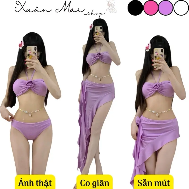 ￼Set bikini đồ bơi swimsuit 3 món bra mút cổ yếm hoa quần chip váy tua rua lệch viền bèo hoa đi biển 4 màu xuanmaishop12