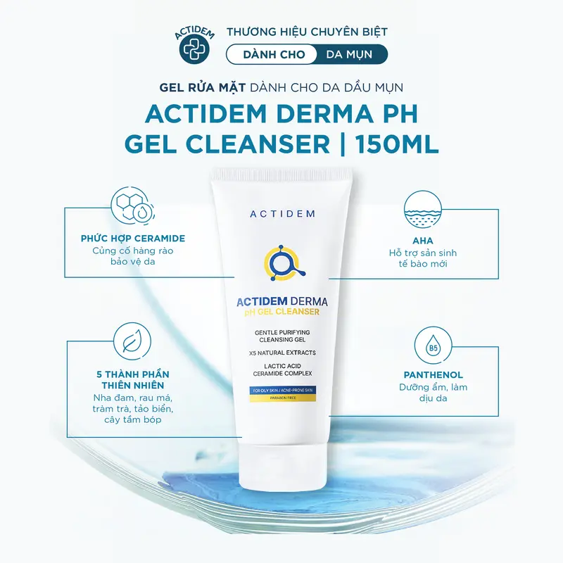 [Tặng 2 Quà Khi Mua 1 Tuýp] Gel rửa mặt giúp ngừa mụn cho da dầu, nhạy cảm, da hỗn hợp Actidem Derma pH/Sensitive/Purifying Gel Cleanser 30/150/180ml- ADS 6