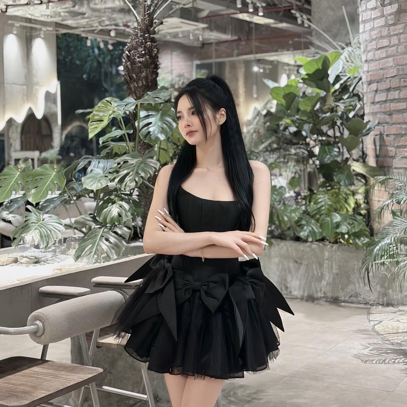 Váy corset cúp ngực phối nơ tơ đen, trắng Nữ Dress Women Voan