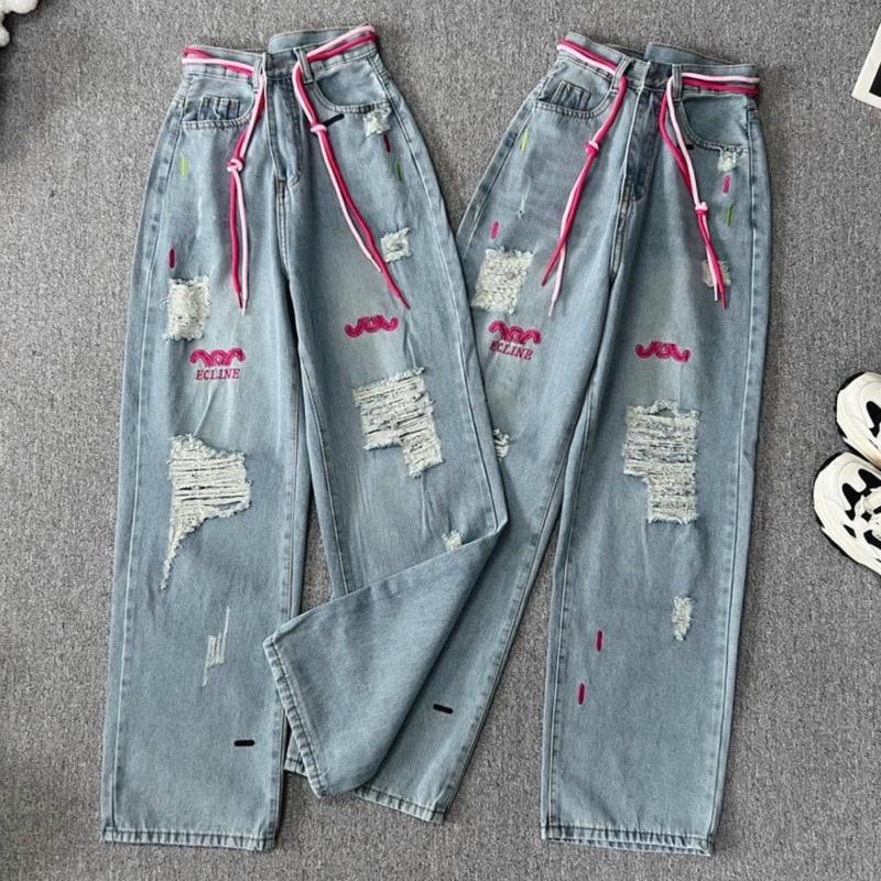 [Mã Mới] Quần Jean Xuông Rách Phối Thêu Kèm Dây Hồng X5562 - Size S,M,L - Cạp Siêu Cao Cho Nữ Che Khuyết Điểm - Women, Kem