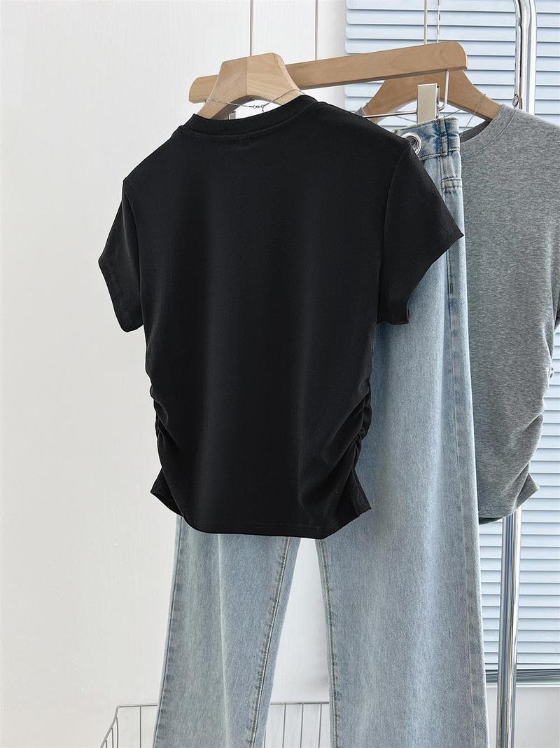 Product Introduction of Short pleated women's T-shirt waist design sweet short-sleeved summer cotton round neck top 15