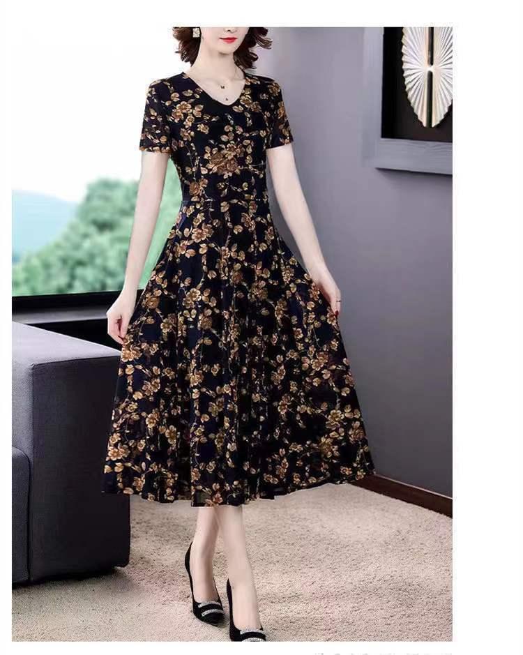 Product Introduction of Váy Hoa ngắn Tay, Thời Trang Cao Cấp, Thích Hợp Cho Mùa Thu, Ngoại Cỡ, Che Bụng, Trông Trẻ Trung, Quần Áo Cho Mẹ, Dài Trung Bình Nữ Dress 31