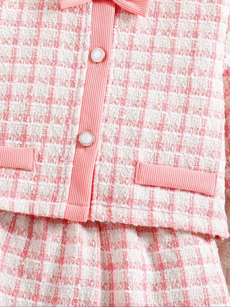 Product Introduction of Two-piece Set Toddler Girl's Plaid Button Front Outerwear & Skirt Set, Elegant Long Sleeve Round Neck Knit Top & High Waist Skirt, Kids Spring & Fall Clothes 4