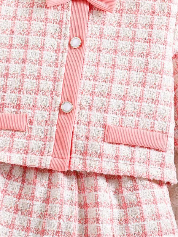 Two-piece Set Toddler Girl's Plaid Button Front Outerwear & Skirt Set, Elegant Long Sleeve Round Neck Knit Top & High Waist Skirt, Kids Spring & Fall Clothes 3