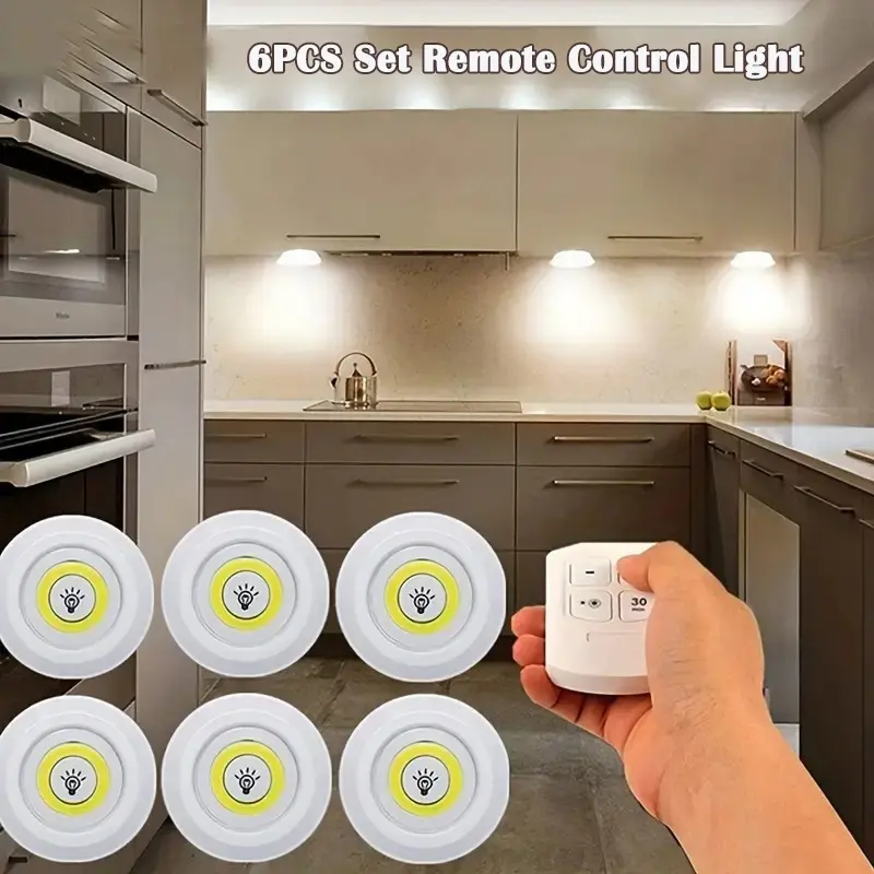 6PCS/set Super Bright Wireless LED Night Light with Remote Control Warm White Dimming LED Under Cabinet Lights for Room Bedroom Closets Wardrobe Kitchen