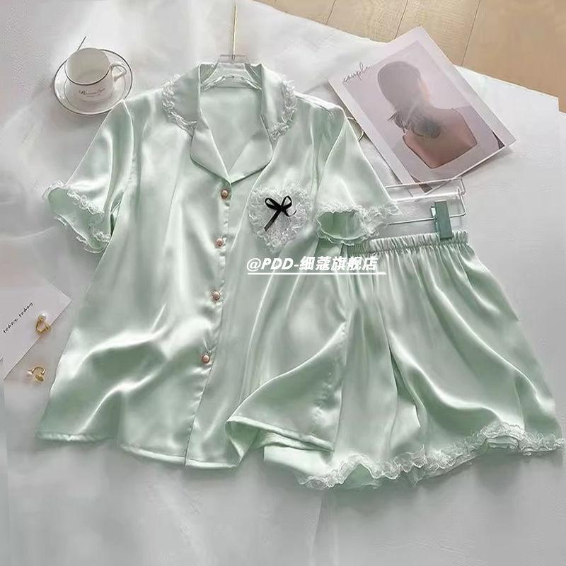 Bộ Đồ Ngủ Lụa Lạnh Dành Cho Nữ, Bộ Áo Ngắn Tay Và Quần Đùi Mỏng Mùa Hè, Bộ Đồ Mặc Ở Nhà Thường Ngày Satin Dệt Twill Hình Người Kiểu Hàn Quốc 0