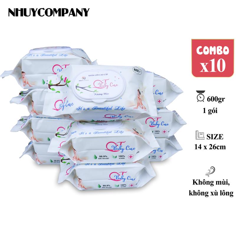 [Combo 10 tặng 2 gói cùng loại] khăn ướt cao cấp không mùi QT Baby Care gói 600gr, tờ lớn, không paraben, không tẩy trắng, an toàn cho trẻ sơ sinh và cho bé - Như Ý Company
