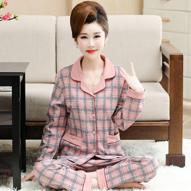 Bộ Đồ Ngủ Cotton Nguyên Chất Cho Mẹ Trung Niên Dành Cho Nữ, Tay Áo Dài, Ngoại Cỡ, Bộ Áo Cardigan, Thích Hợp Cho Phụ Nữ Trung Niên Và Cao Tuổi, Mặc Nhà, Mùa Xuân Và Mùa Thu, Có Sẵn Trong Mùa Hè 1