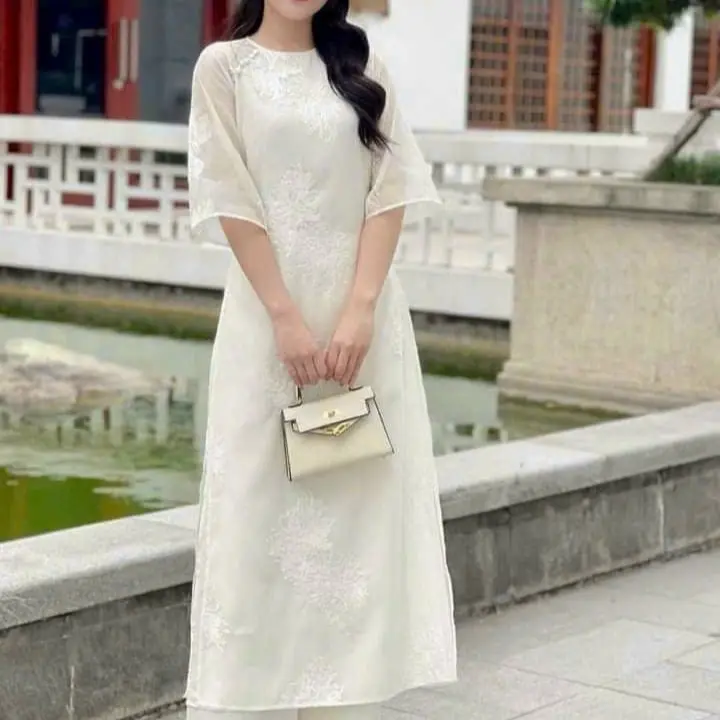[Tiệm Nhà Mây] Áo dài Nhã Thư 4 tà, hoa thêu, dáng suông Nữ Dress