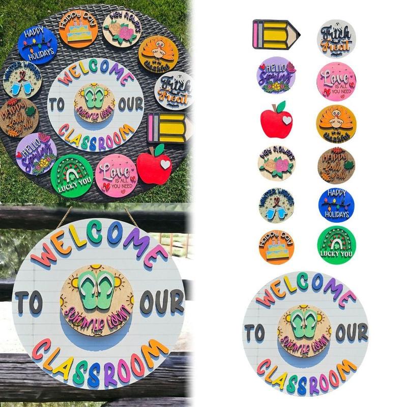Back To School Decor Interchangeable Welcome To Our Classroom Sign Cartoon Wooden Welcome Door Signs Elegant Handmade Welcome To Our Home Sign Celebration 0