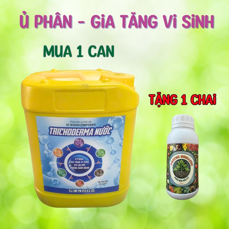 Phân bón vi sinh vật Tricoderma nước, tác dụng ủ phân, gia tăng vi sinh có lợi đối kháng nấm bệnh (Can 5 lít), mua 1 can tặng thêm 1 chai phân bón hữu cơ Power Organic
