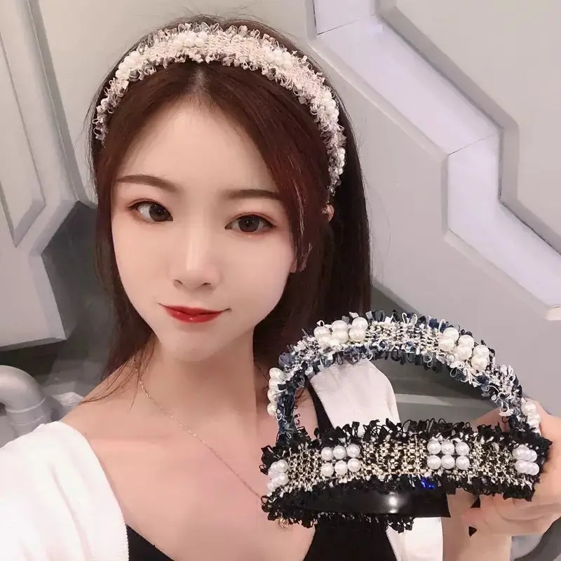 [2843 People Collected] Japanese and Korean Retro Small Fragrance Style Hairband Pearl Fringe Elegant Versatile Outdoor Hair Clip Headband Non-slip Hair Accessory for Women