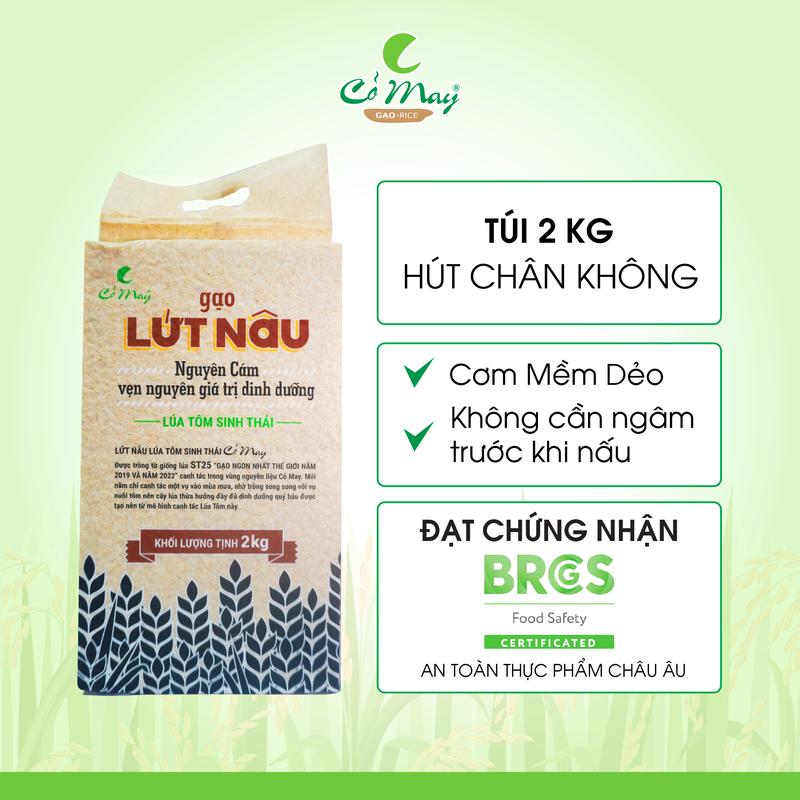 Gạo lứt nguyên cám lúa tôm Cỏ May ST25, quy cách 2kg/túi, đóng gói túi PA hút chân không