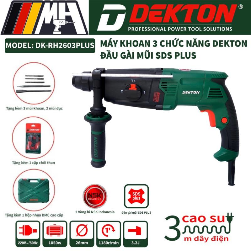 Máy Khoan Bê Tông Dekton RH2603PLUS - 3 Chức Năng - Công Suất 1050W - Tặng Hộp Nhựa Đựng Máy